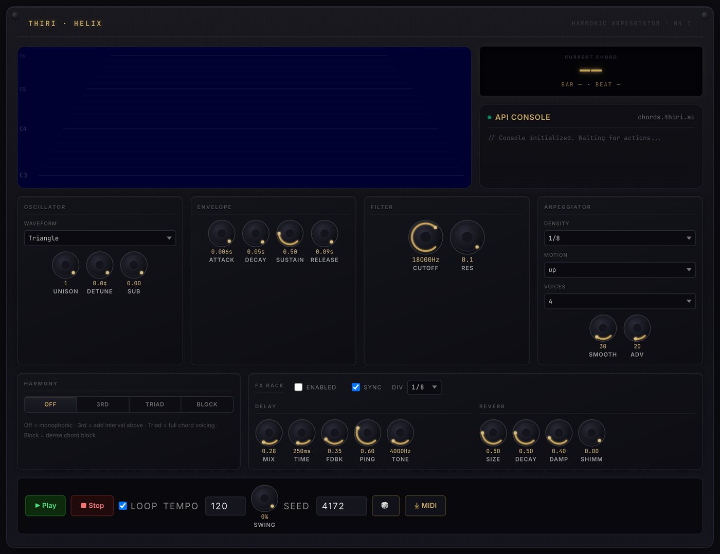 The Helix faceplate: oscillator, envelope, filter, arpeggiator and FX rack, with the transport.