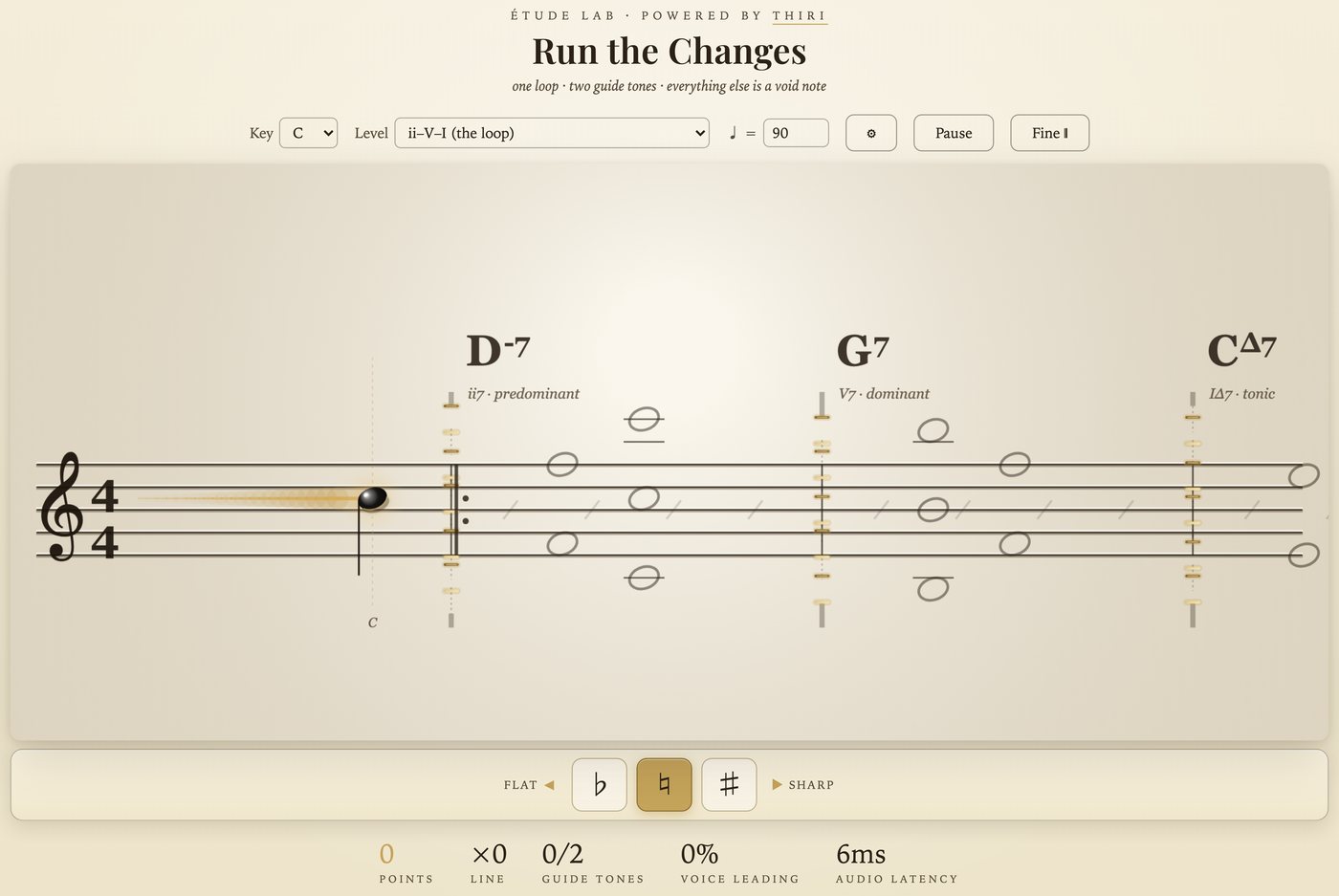 Run the Changes mid-loop: D-7, G7 and C major 7 engraved with their guide tones, the melody note moving across the staff.