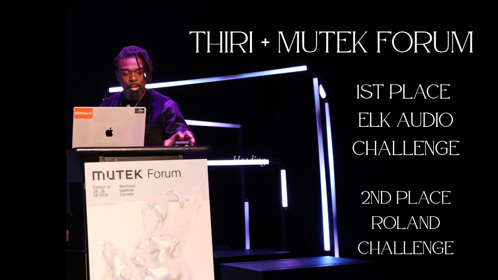 Dennison Blackett at the MUTEK Forum podium with a Roland-sticker laptop. First place, Elk Audio Challenge.